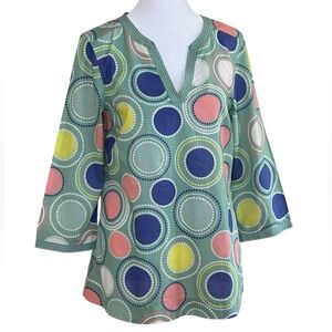 Boden Mint Green Multicolor Circles Tunic Top Sz 2 V Neck 3/4 Sleeves Cotton